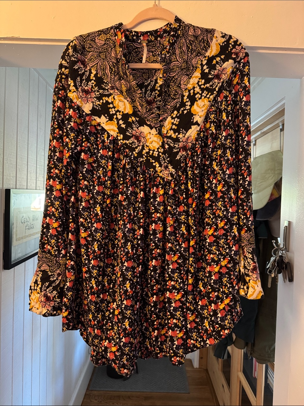 Free People Black Floral V-Neck Long Sleeve Dress with Yellow Accents